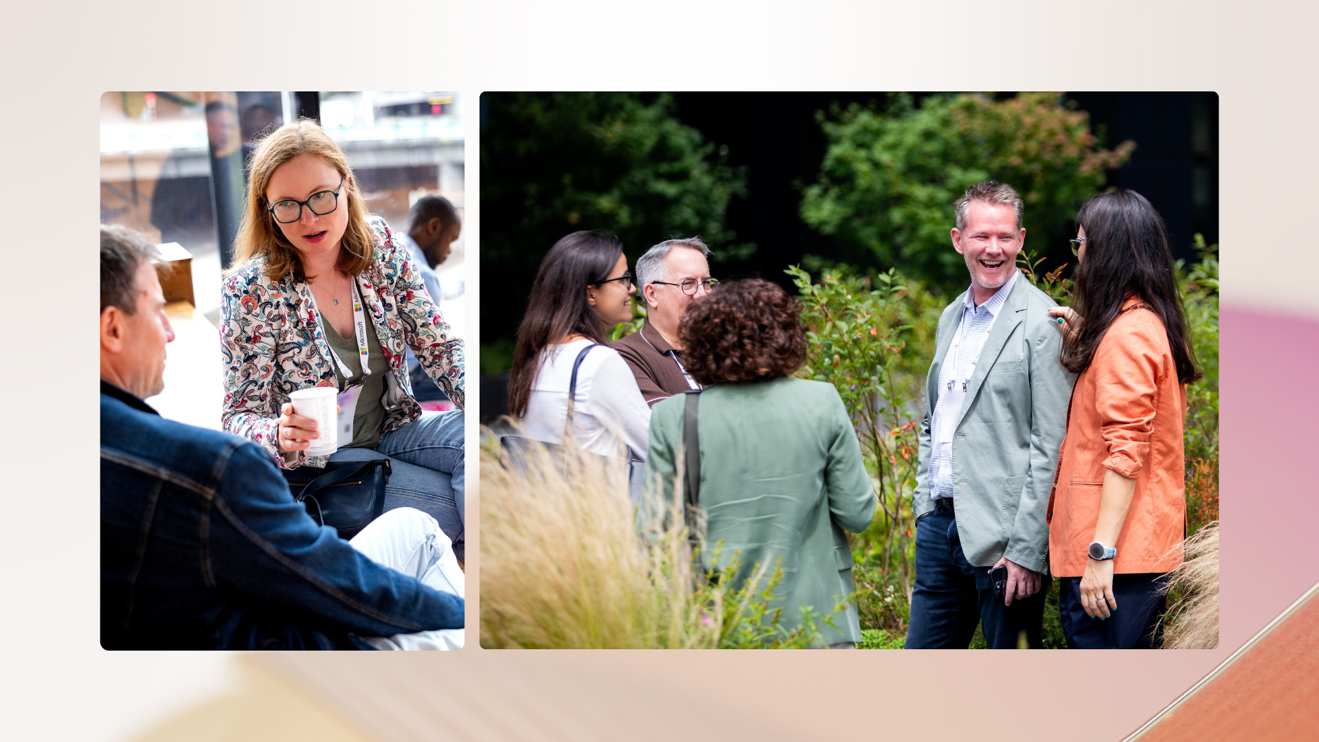 abstract background with two images of people talking at a conference