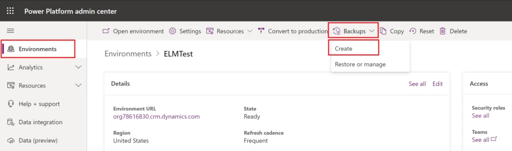 Backup environment in Microsoft Power Platform Admin Center