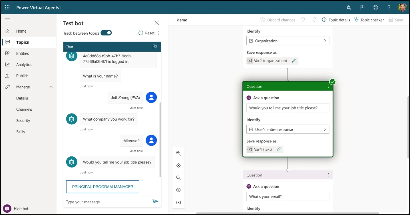 Figure 3. Personalized conversations using Power Virtual Agents