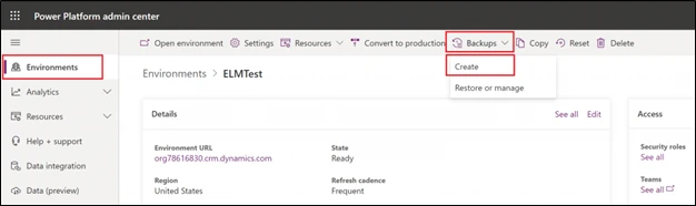 Figure 4. Environment backup done from the Power Platform Admin Center