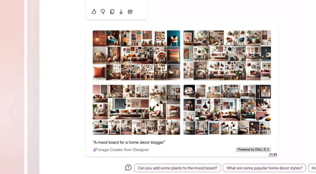 Bing Image Creator to create digital art with Designer. A collage of images related to the prompt A mood board for a home decor blogger