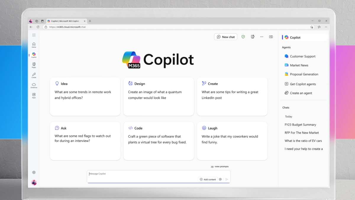A monitor screen showing the Microsoft 365 Copilot UI. Behind the monitor is a horizontal stripe that is blue and magenta gradient; the image is gray on the top and bottom.