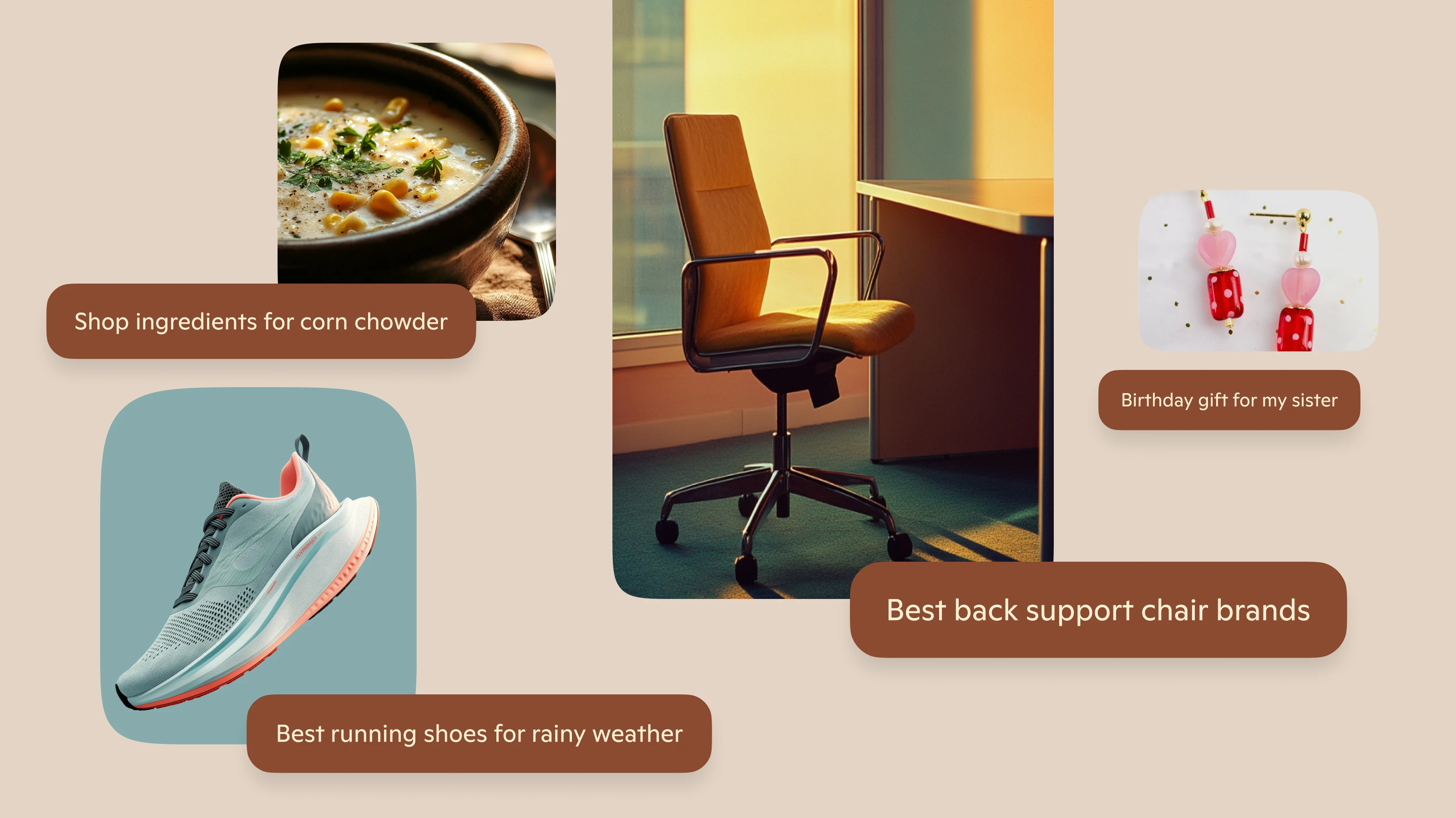 A collage of images showing a chair and table, a bowl of soup, shoes, and earrings