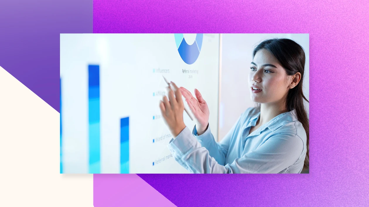 Woman at projection board with blue and white background