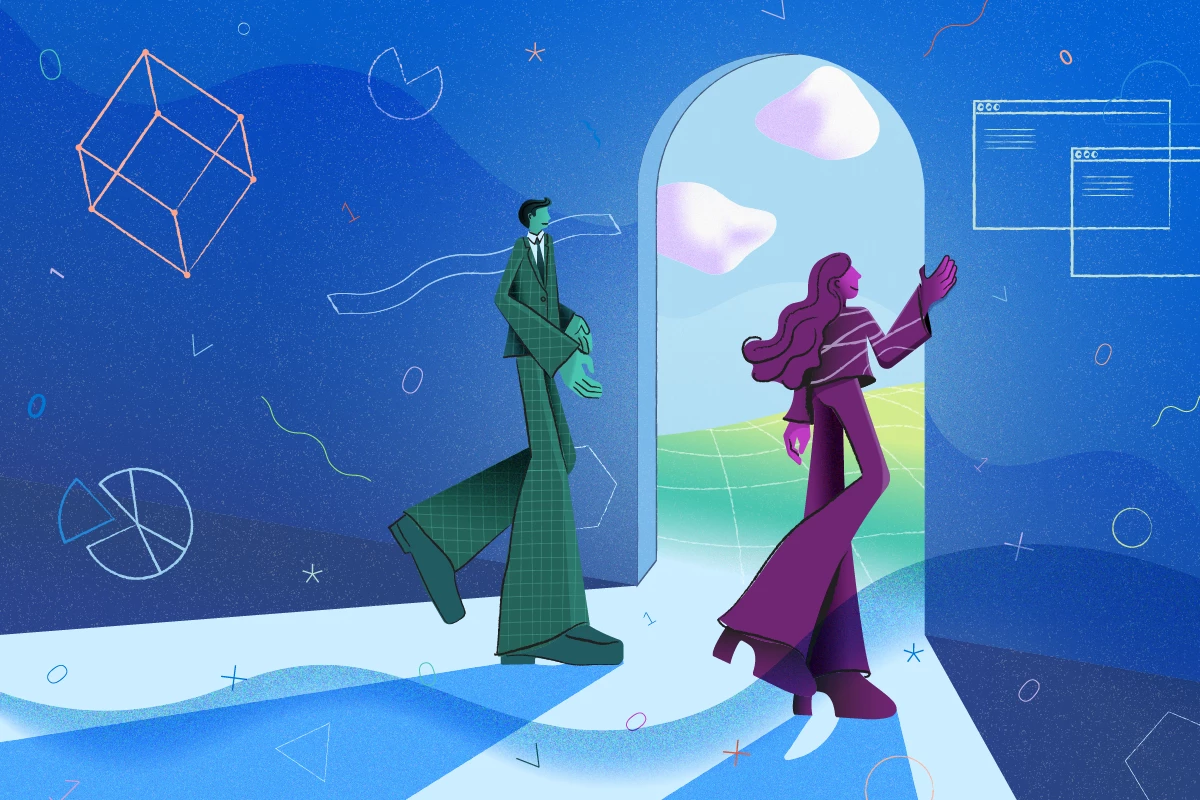 A decorative illustration of two IT professionals walking through a doorway
