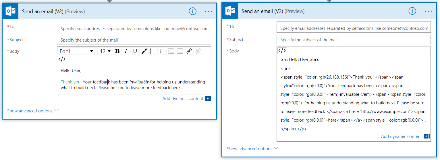 Comparison of rich text view and HTML code view