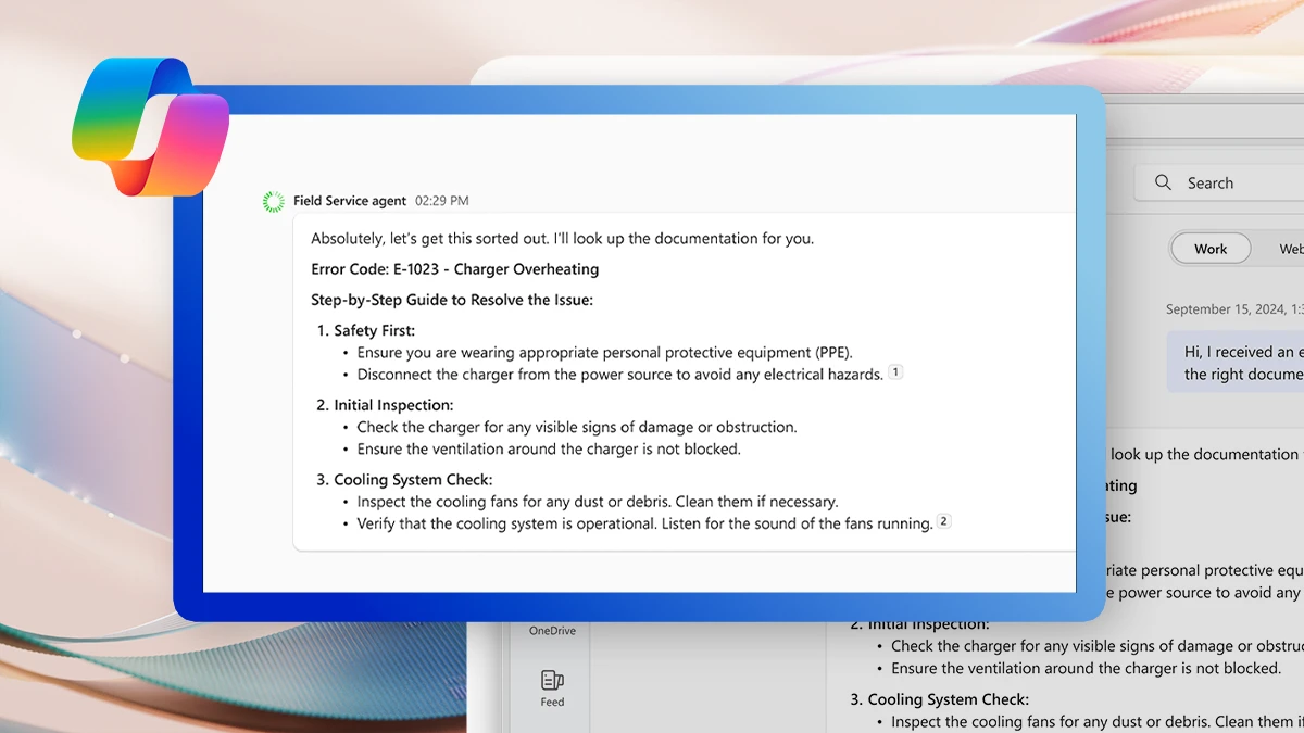 A screenshot pulled out to the forefront showing a Field Service agent in action in Microsoft 365 Copilot, providing an employee guidance on how to resolve an issue. The screen is also displayed on a computer monitor in the background. The image incorporates the Copilot logo and neutral colors in the background