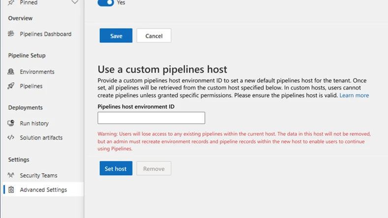 Use a custom pipelines host setting in the Deployment Pipeline Configuration app for Pipelines admins