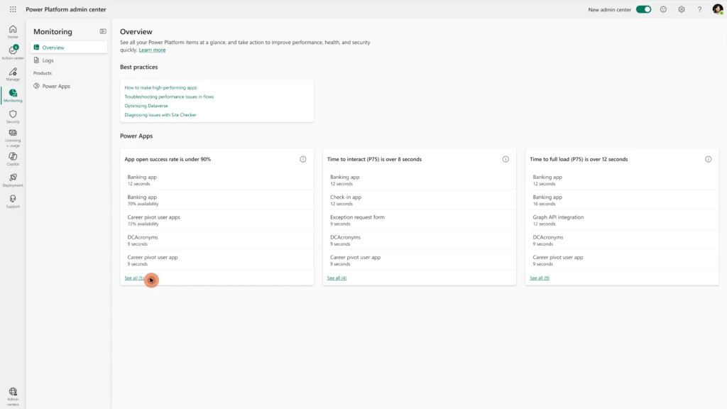 The monitor experience in Power Platform Admin Center provides Admins, Operations and Center of Excellence teams cross environment views of app health to simplify detecting potentially business impacting inefficiencies.