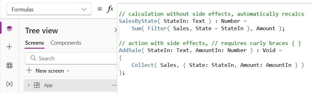 Power Fx code in the Power Apps Formula bar showing a User Defined Function