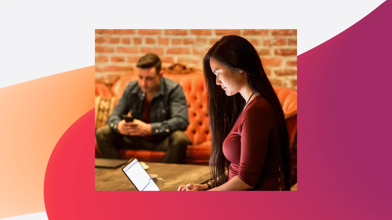 Real people. Female developer working remotely from a caf