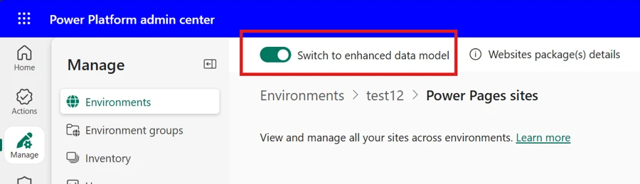 Toggle to switch to enhanced data model on Power Platform admin center