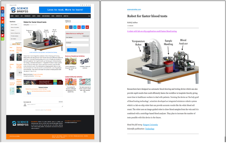 A webpage in typical browser view (left), and in the reading mode (right).