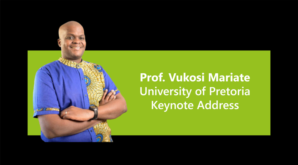 banner image of speaker Prof Vukosi Marivate with his name, University of Pretoria affiliation and mention of his keynote address