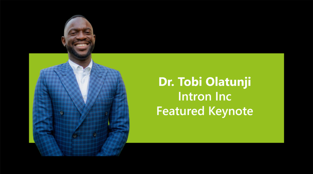 banner image of speaker Dr Tobi Olatunji with his name, Intron Inc affiliation and mention of his featured keynote
