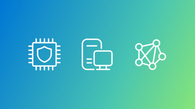Icons representing hardware and devices, security, privacy, and cryptography, and systems and networking on a blue to green gradient background.