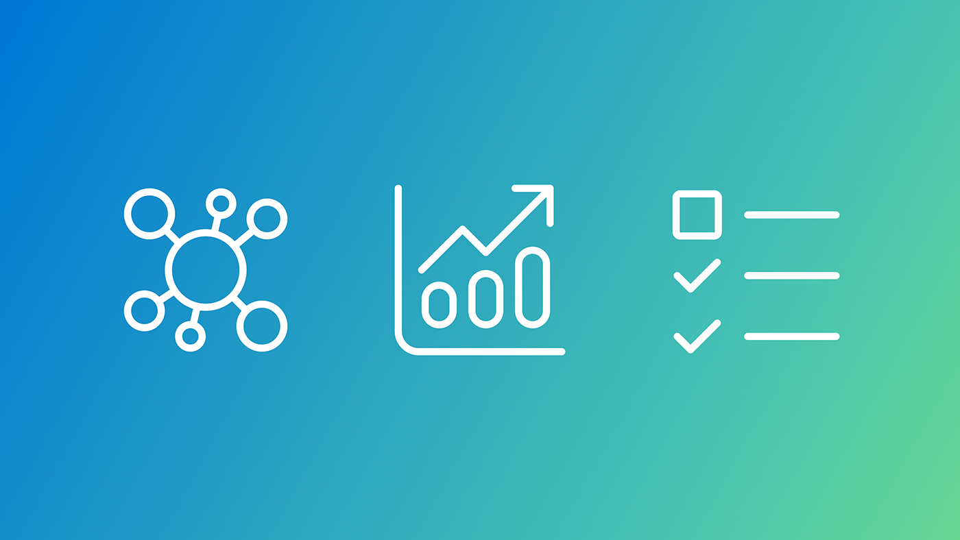 Three white icons on a gradient background transitioning from blue to green. From left to right: a network structure with connected circles, an upward-trending line graph with bars and an arrow, and a checklist with horizontal lines and checkmarks.