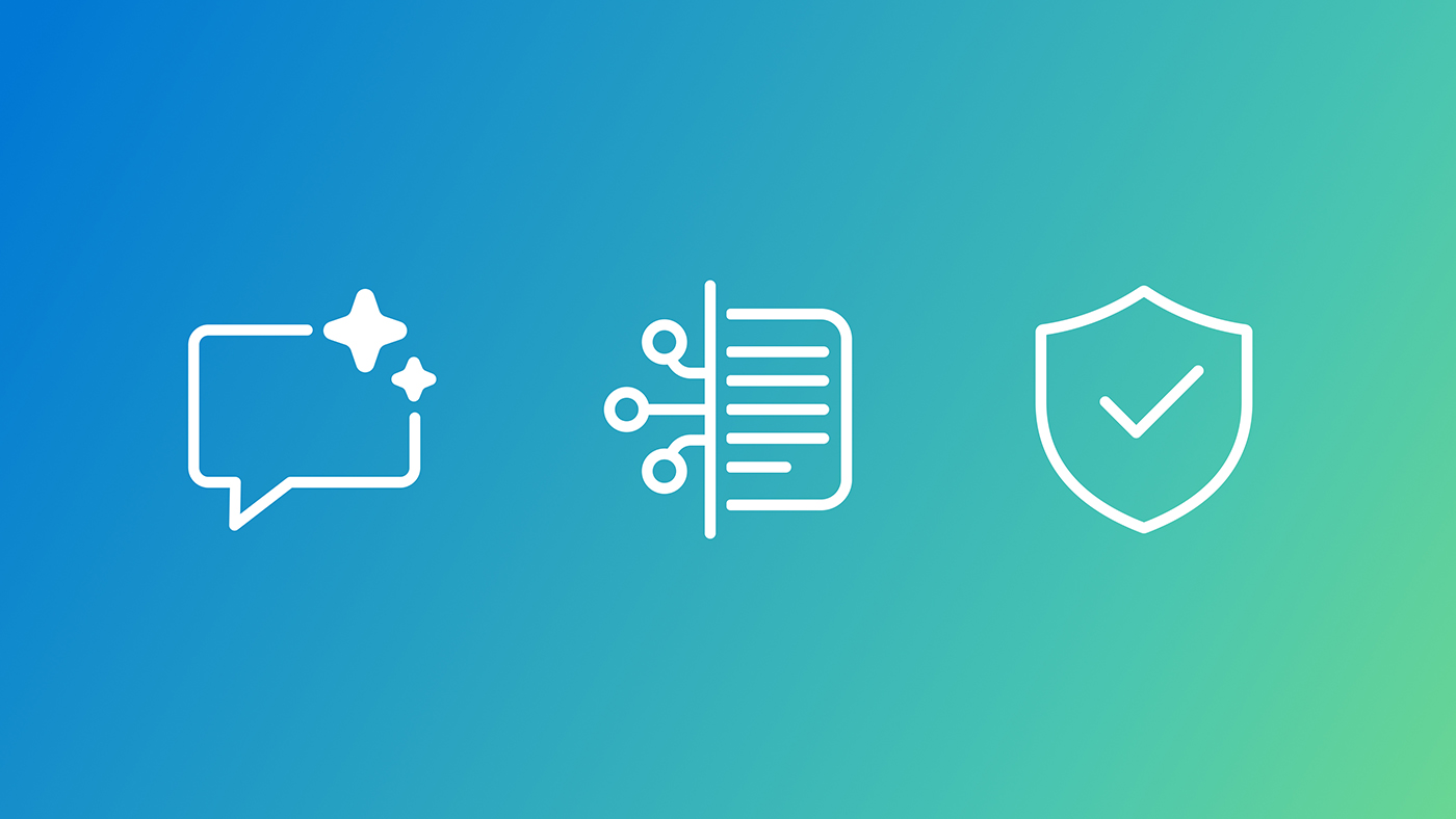 Icons of a chat bubble, connected document, and shield with checkmark on a blue-green gradient background.