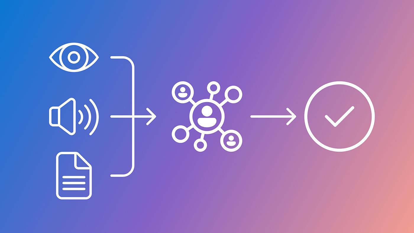 Diagram showing visual, audio, and document icons feeding into a central network icon of connected people, which then leads to a checkmark symbol, all on a blue‑to‑purple gradient background.