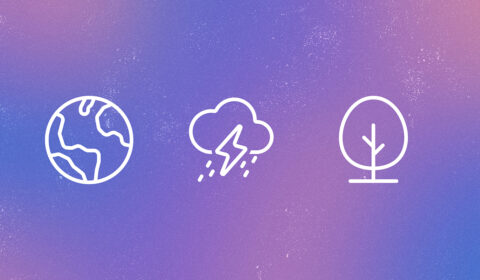Aurora 1.5 | three white line icons on an abstract blue and purple background: globe, thunder cloud, tree