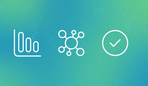 Three minimalist white line icons on a textured blue‑green gradient background: a rising bar chart on the left, a central hub‑and‑spoke network diagram in the middle, and a checkmark inside a circle on the right.
