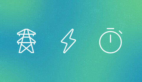 Three white line icons—a transmission tower, a lightning bolt, and a stopwatch—displayed on a teal-to-green gradient background with a subtle textured pattern.