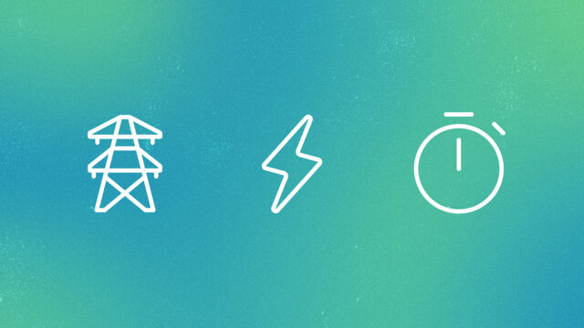Three white line icons—a transmission tower, a lightning bolt, and a stopwatch—displayed on a teal-to-green gradient background with a subtle textured pattern.
