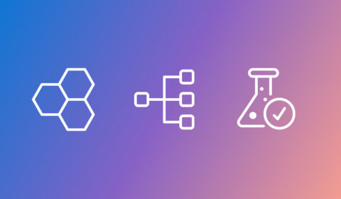 Three minimalist white line icons on a blue-to-purple-to-pink gradient background: honeycomb, flowchart icon, scientific beaker with circled checkmark