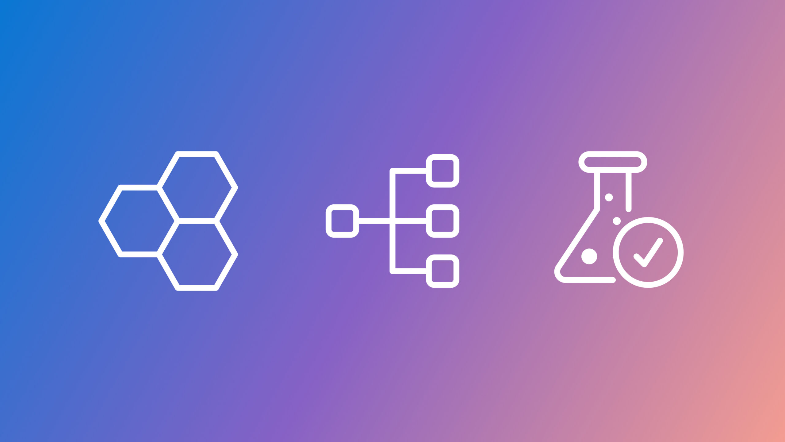 Three minimalist white line icons on a blue-to-purple-to-pink gradient background: honeycomb, flowchart icon, scientific beaker with circled checkmark