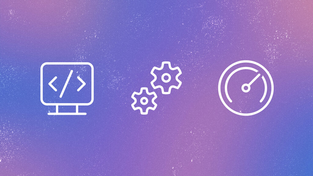 Three white line icons—a monitor with code brackets, interlocking gears, and a speedometer—displayed on a purple‑to‑blue gradient background with a subtle textured pattern.