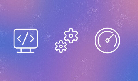 Three white line icons—a monitor with code brackets, interlocking gears, and a speedometer—displayed on a purple‑to‑blue gradient background with a subtle textured pattern.