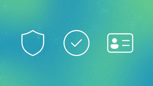 Three white line-style icons centered on a textured blue-to-green gradient background: a shield, a checkmark inside a circle, and an ID card with a user silhouette—representing security, verification, and digital identity.