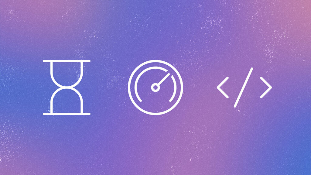 Three minimalist white icons on a purple-to-pink gradient background. From left to right: an hourglass, a circular gauge, and a pair of angle brackets with a slash.