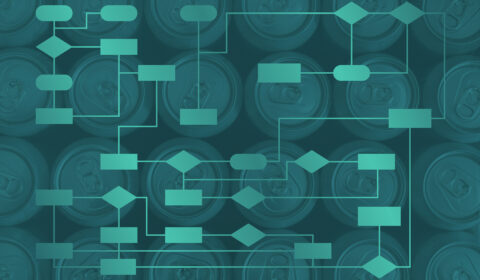 Abstract teal-toned image of aluminum cans viewed from above, overlaid with a network of connected flowchart shapes (rectangles, rounded nodes, and diamonds) linked by thin line.