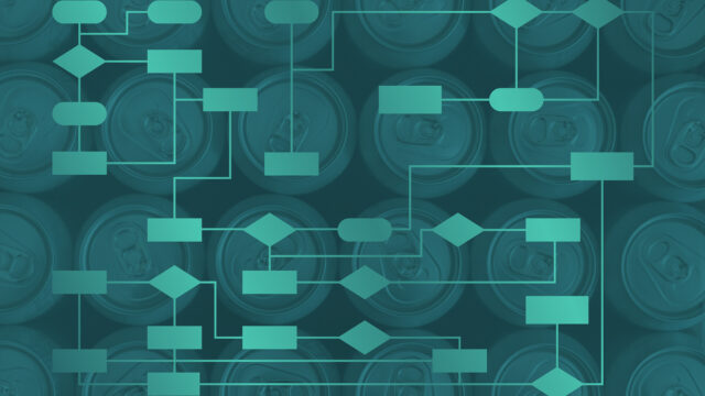 Abstract teal-toned image of aluminum cans viewed from above, overlaid with a network of connected flowchart shapes (rectangles, rounded nodes, and diamonds) linked by thin line.