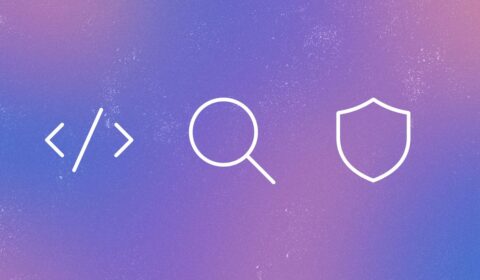 Project Ire | | three white line icons on an abstract purple background | greater than / less than icon, search icon, shield icon