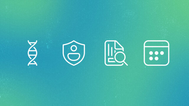 Talos | four white line icons on an abstract green background | DNA icon, shield icon, document icon, calendar icon
