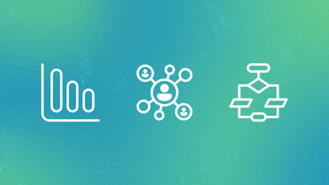 Flint blog | three white line icons on an abstract green background; bar chart icon, connected nodes icon, flowchart icon