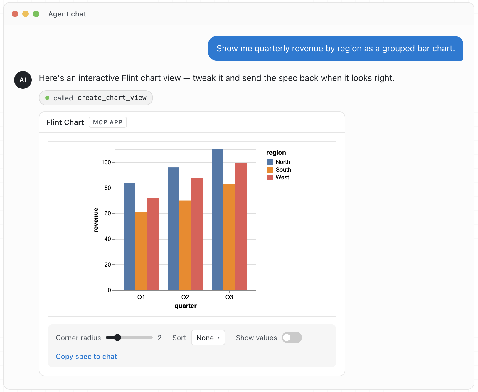 A mockup of an AI agent chat interface. A user sends the message, 