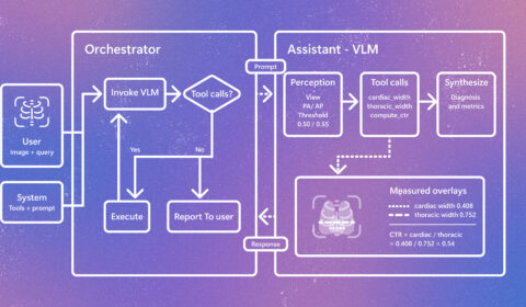 Diagram of a tool-augmented radiology vision-language model (VLM) workflow. An orchestrator routes a user’s image query to a VLM, which performs image analysis, calls measurement tools to calculate cardiac and thoracic widths and the cardiothoracic ratio (CTR), and returns diagnostic metrics with visual overlays.