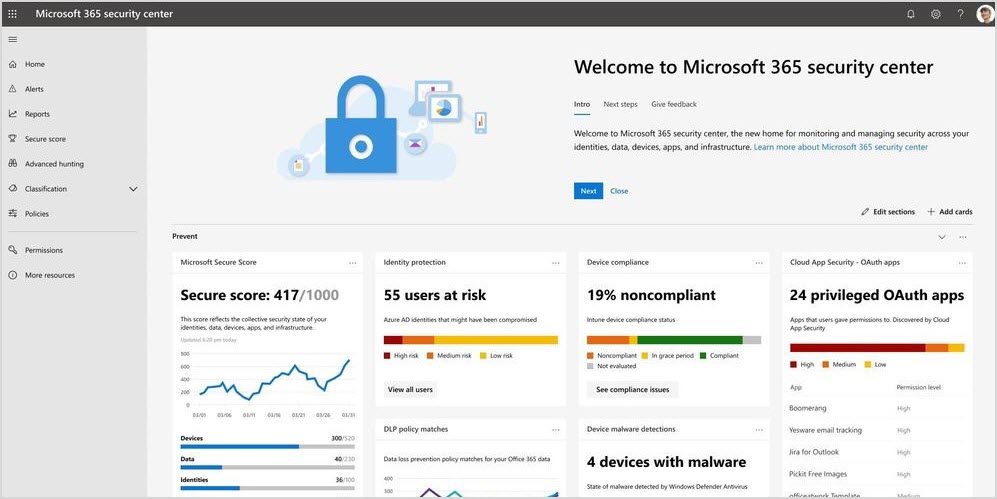 Screenshot of the new Microsoft 365 security center.