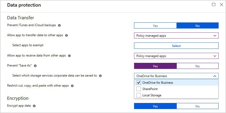 App protection policy restricting cut, copy, and paste