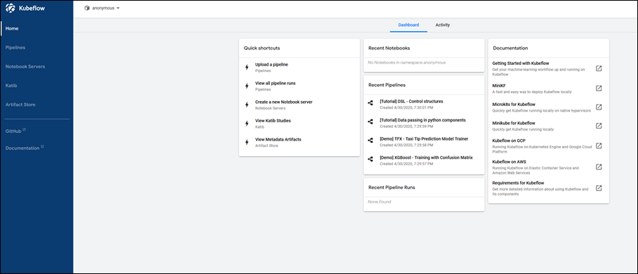 Kubeflow exposes its UI functionality via a dashboard.