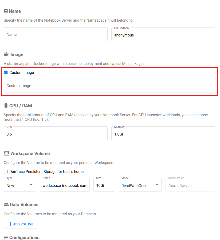 Image of a Jupyter notebook server custom image deployment option.