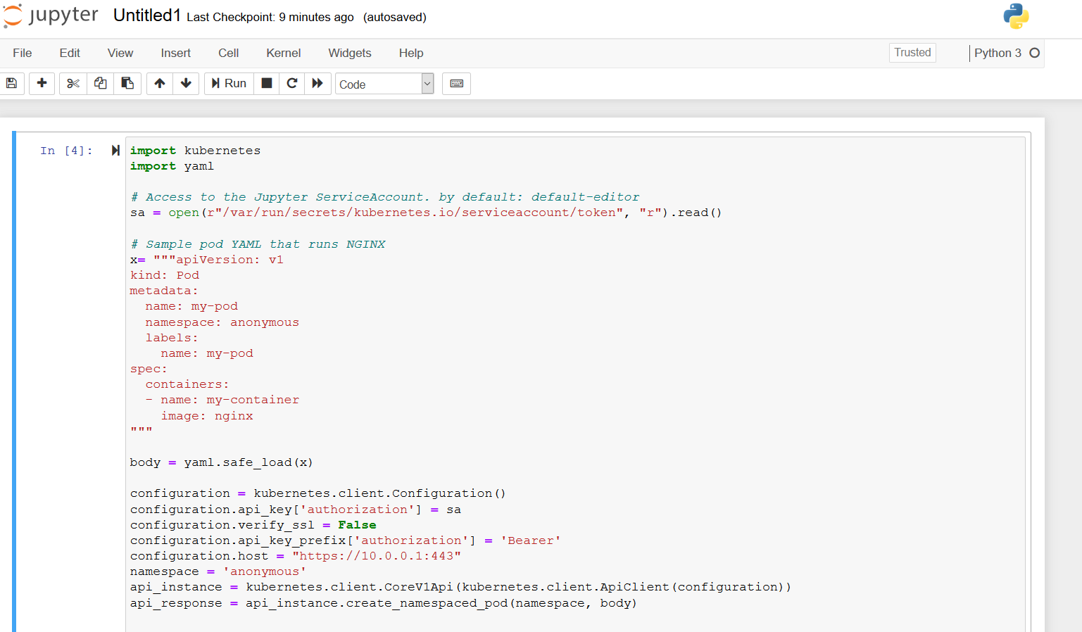 Here’s an example of deploying a container from the notebook using its service account.