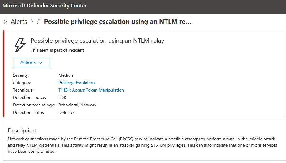 An image ofMicrosoft Defender ATP alert of detected escalation of privilege attempt.