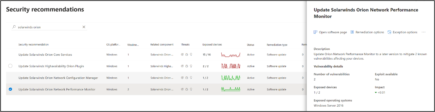 Screenshot of threat and vulnerability management security recommendations page