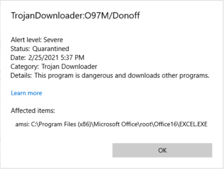 Example of detection from Microsoft Defender Antivirus based on data inspected by AMSI