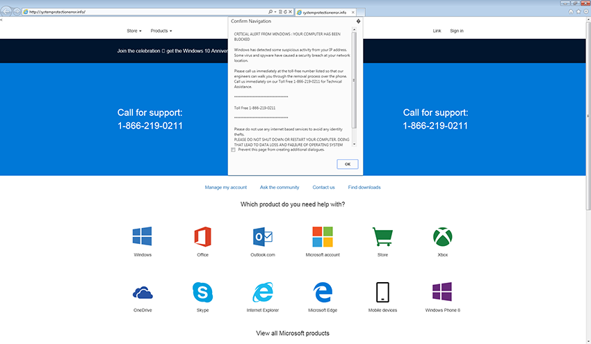 Sample TechBrolo site with dialogue loop and fake support number