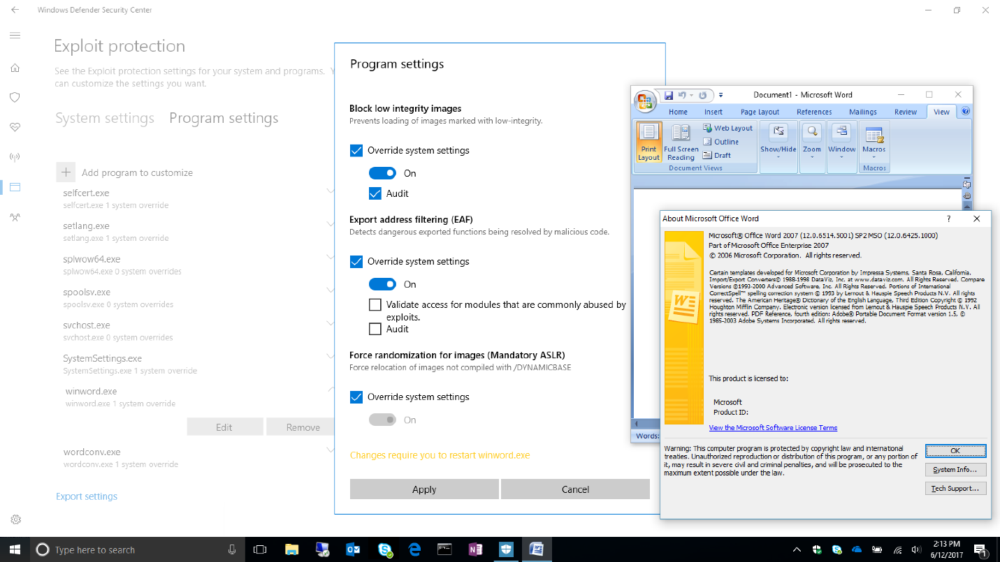 Figure shows using the Windows Security Center Exploit Protection control to enable mitigation Address Filtering (EAF) to unpatched application Word 2007
